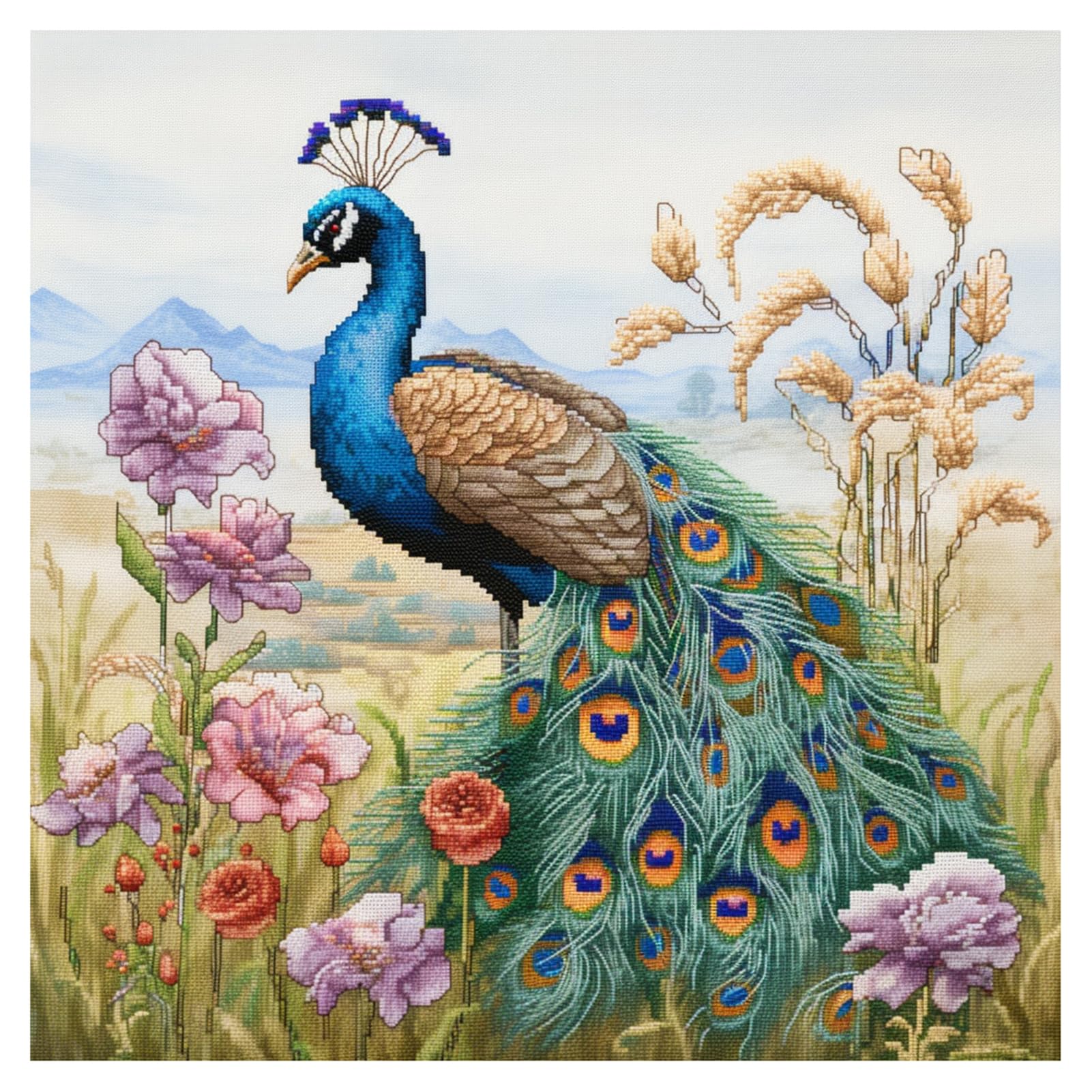 cukol cukol Cross Stitch Kits for Adults - 18x18 in Easy Washable Pre Printed Peacock Pattern, Advanced 11CT Stamped Beginner Embroidery Fabric, Fit for DIY Home Decor, Mum Gifts & Stress Relief