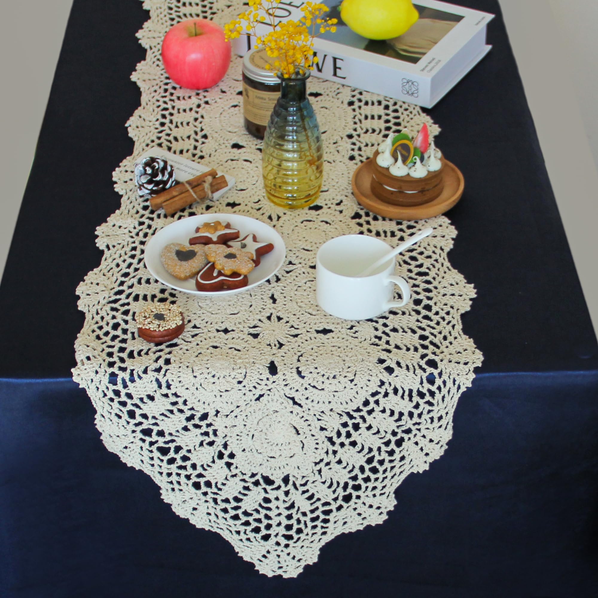 kilofly Handmade Crochet Cotton Lace Table Runner Tablecloth, 15 x 43 inch