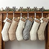 Rustic Knitted Personalized Christmas Stockings: 6 Pack 18 inch Cable Knit Patterns Stockings, Farmhouse Cozy Hanging Xmas Stockings Stocking Decorations for Family Holiday Decor, White Gray Beige