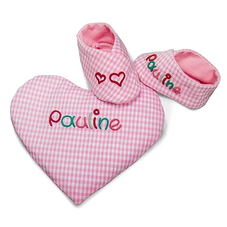 Geschenk-Set kleine Herzen rosa kariert, Erstlings-Set Babyschuhe mit Wärmekissen Herz, Set Baby Mädchen, personalisierte Ges