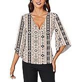 KIFOVEN Women’s 3/4 Bell Sleeve Tee Shirt Deep V Neck Wrap Ruched Slim Fit T Shirt Blouse Top Khaki Flower XX-Large