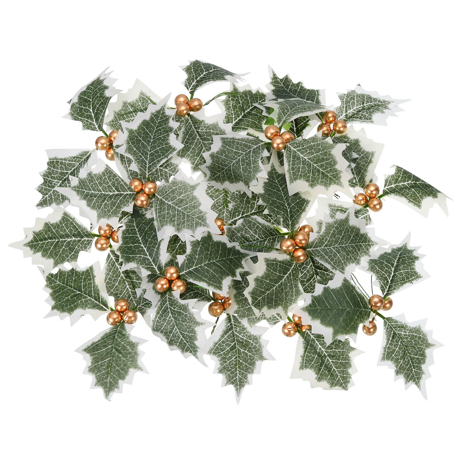 PATIKIL Artificial Holly Berries with Green Leaves, 48 Pack Gold Holly Berry Flowers for Christmas Wreath Arrangement Craft Wedding Party Home