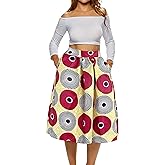 Afibi Womens African Print Skirt Boho Flare Pleated Midi Skirt with Pockets