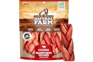 Natural Farm Odor-Free Super Braided Collagen Dog Chews (6-Inch, 10-Pack) First Ever Real Bull Sticks Alternative: 100% Natural Angus Hide Collagen Treats- More Protein More Chew Time for All Dogs