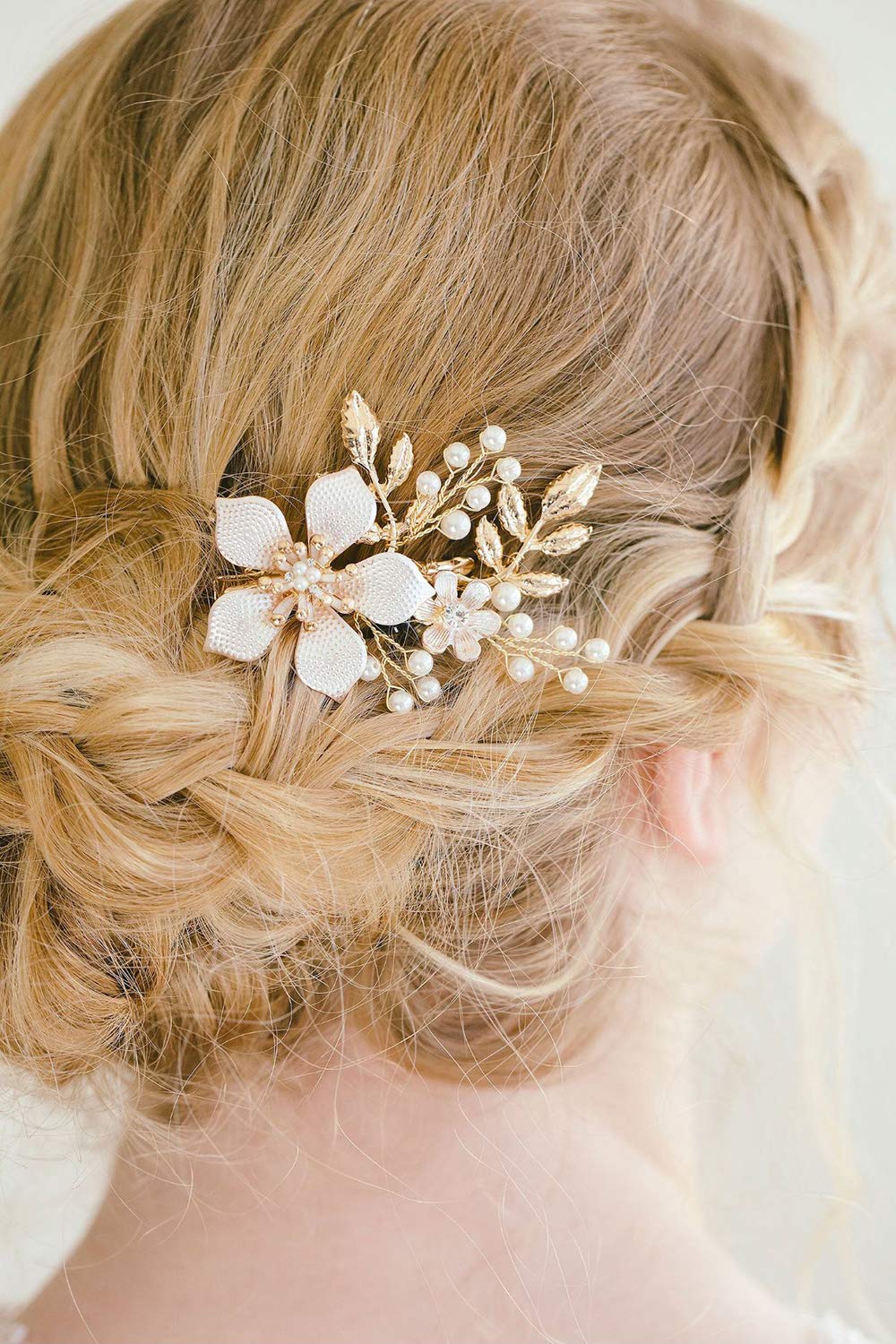 BERYUAN Women Pearl Hair Clip Gold Leaf Flower Barrette Wedding Hair Accessory Gift for Her Party Headpiece for Bride Bridesmaid Girls (Gold)