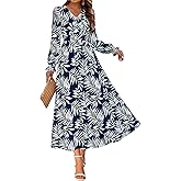 MASCOMODA Womens 2025 Fall Long Sleeve Floral Maxi Dress Casual Smocked V Neck Boho A Line Flowy Long Wedding Guest Dresses