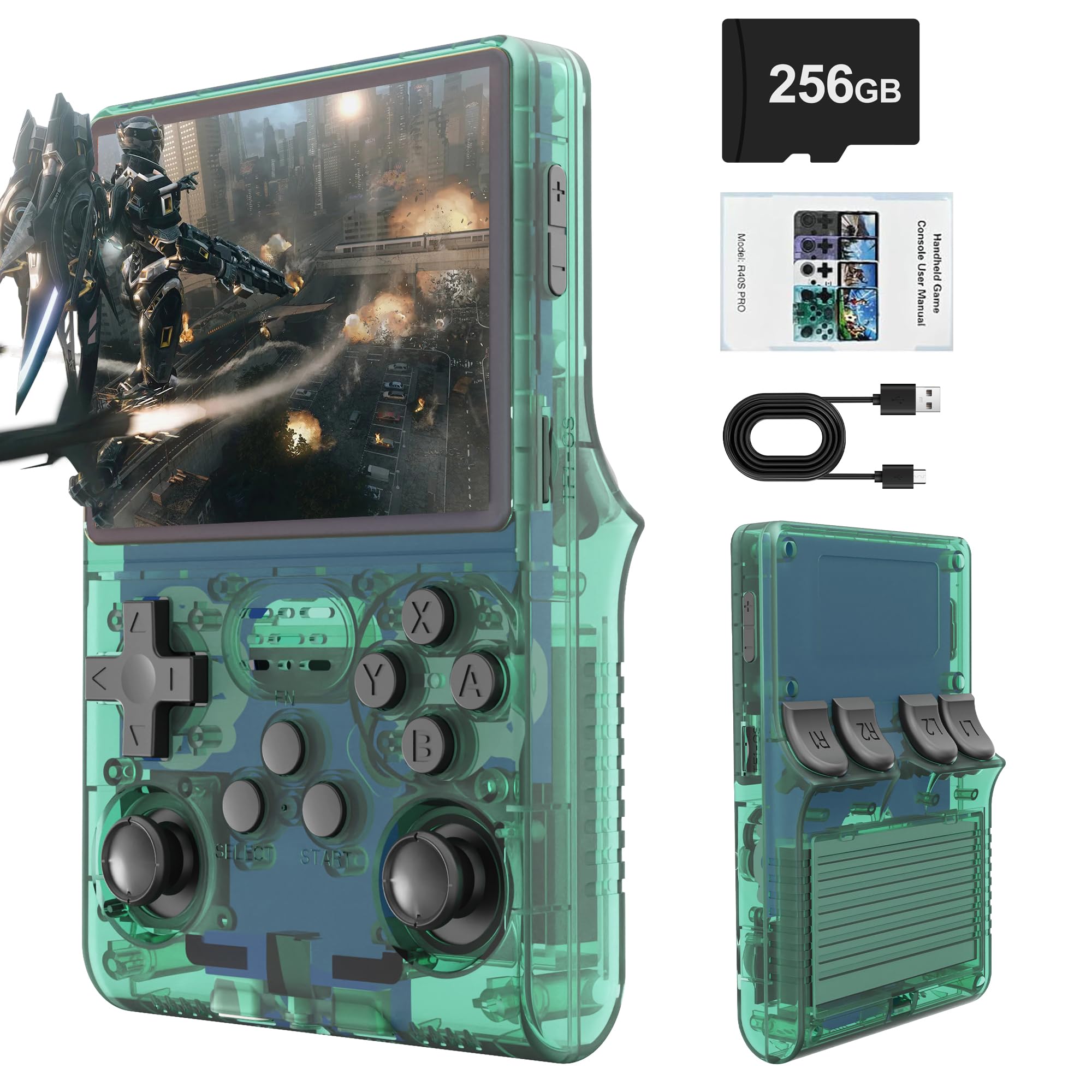 Photo 1 of R40S PRO Retro Gaming Console, 30000+ HD Games Handheld Game Console, 3800mAh Rechargeable Mini Retro Video Console with 256GB TF Card, Portable Pocket Arcade (Transparent Green)