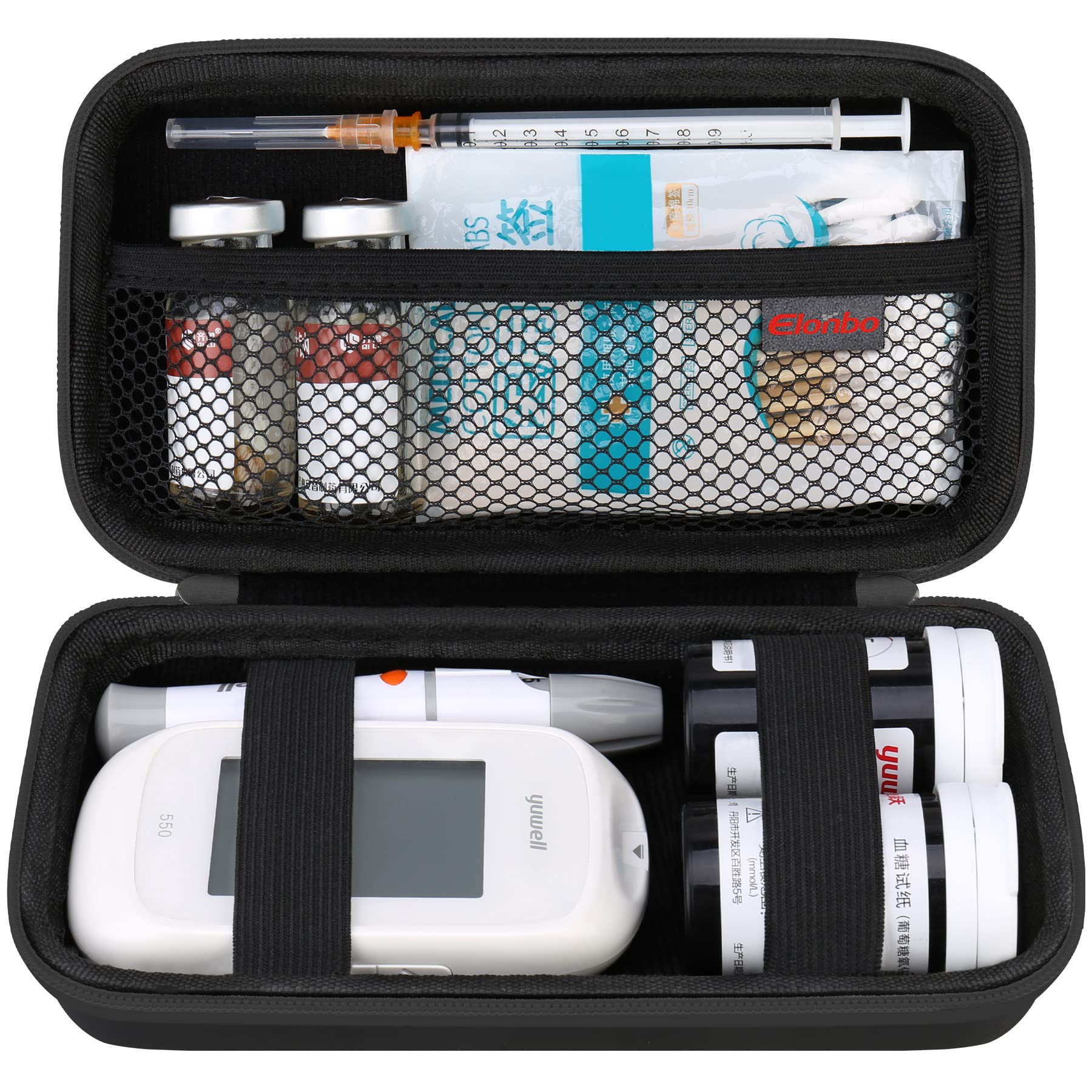 Elonbo Diabetic Supplies Travel Case, Diabetic Supply Organizer Bag, Glucose Meter Storage Case, Insulin Pen Carrying Case for Glucose Monitor, Blood Sugar Test Strips, Lancets, Syringe, Needles,Black