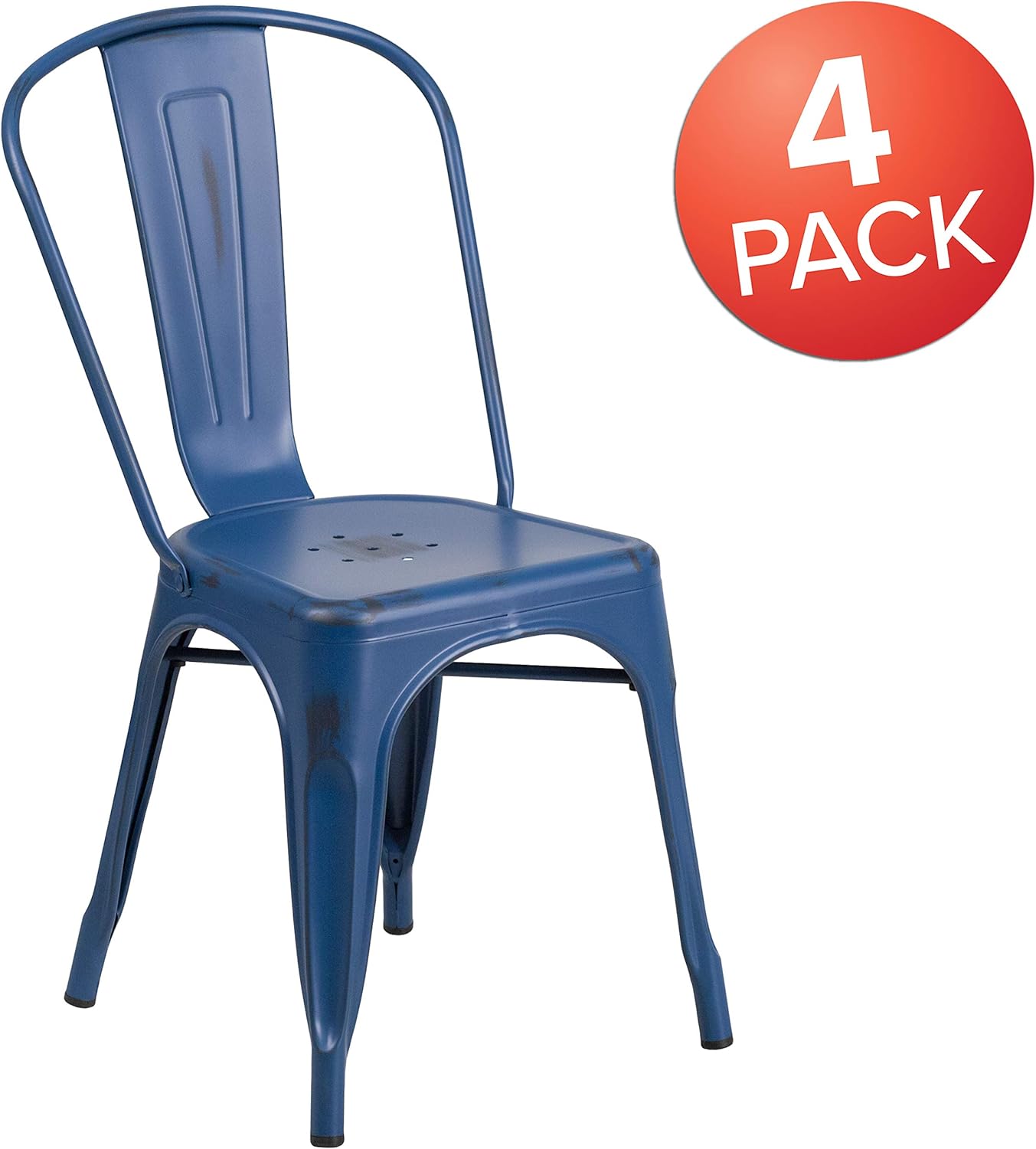 Flash Furniture Commercial Grade 4 Pack Distressed Antique Blue Metal Indoor-Outdoor Stackable Chair: Garden & Outdoor