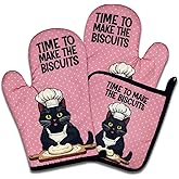NAHMAKNE Funny Black Cat Oven Mitts and Pot Holders Set of 3, Time to Make The Biscuits, Heat Resistant Non-Slip Kitchen Mitts Hot Pads, Baking Gifts for Women, Kitchen Gifts for Hostess Bake Lovers