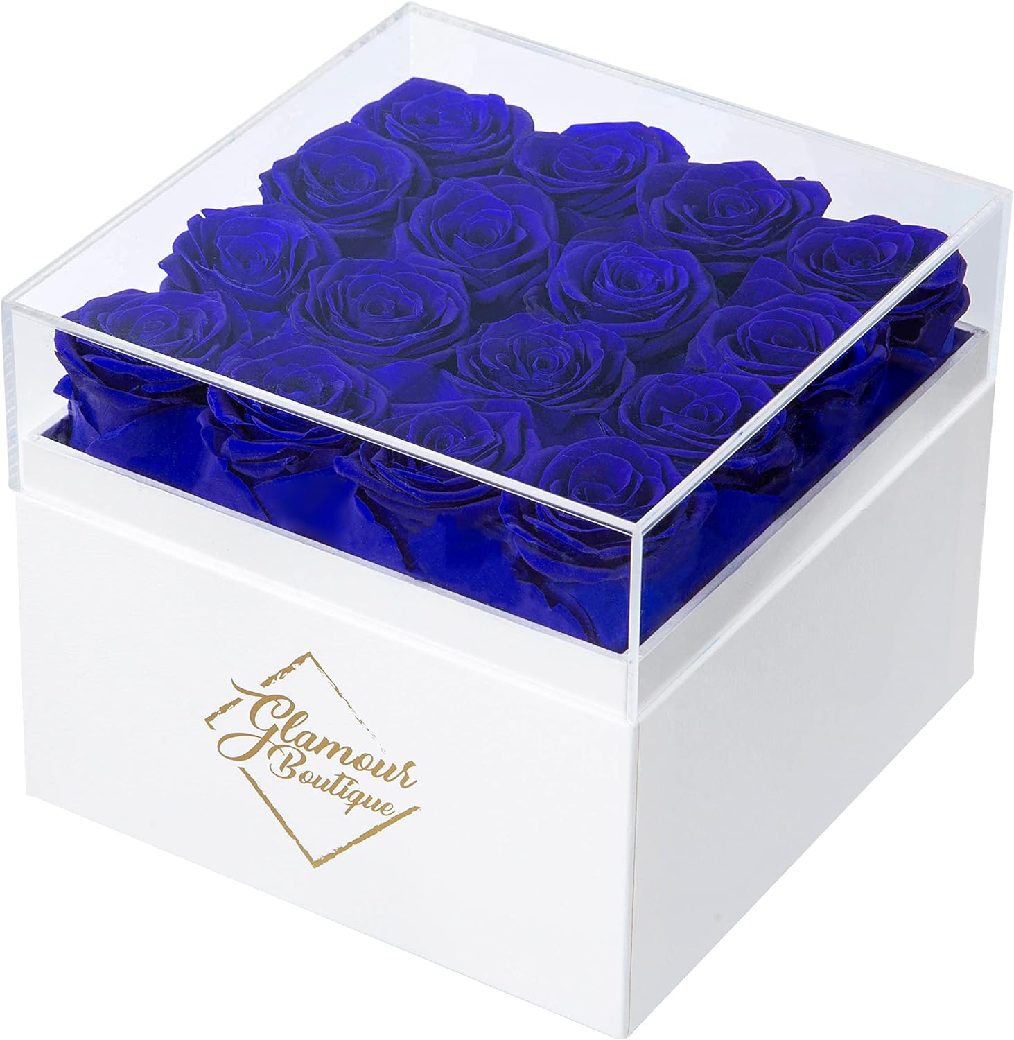 Dried & Preserved Flora - GLAMOUR BOUTIQUE Preserved Roses in a Box - Valentines Day Gifts for Her & Mom, 16-Piece Rose Flowers Decor for Birthday Gift, Cased in White Box with Acrylic Cover, 6.9
