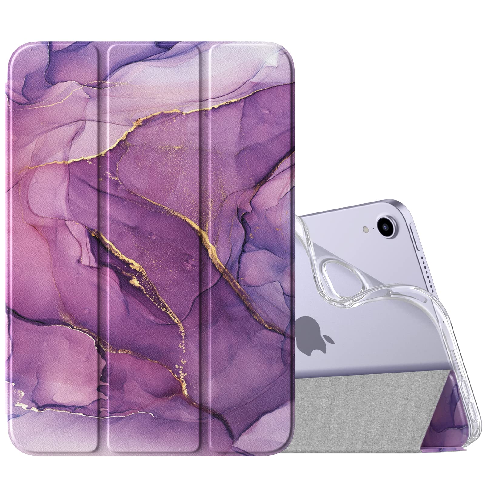 MoKo Case Fit New iPad Mini 6 2021 (6th Generation 8.3 inch), Soft TPU Translucent Frosted Back Cover Slim Smart Shell Stand Folio Case for iPad Mini, Auto Wake/Sleep, Marble Gold Purple