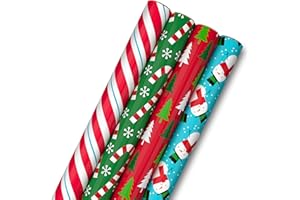 HALLMARK Image Arts Christmas Wrapping Paper for Kids with Cutlines on Reverse (4 Rolls: 120 Sq. Ft. Total) Stripes, Candy Canes, Trees on Red, Cute Snowmen
