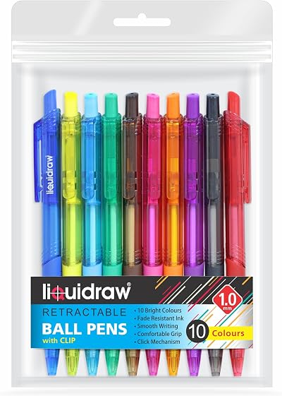 Liquidraw Multicolour Ballpoint Pens Pack of 10 1.0 mm Retractable Click Pens