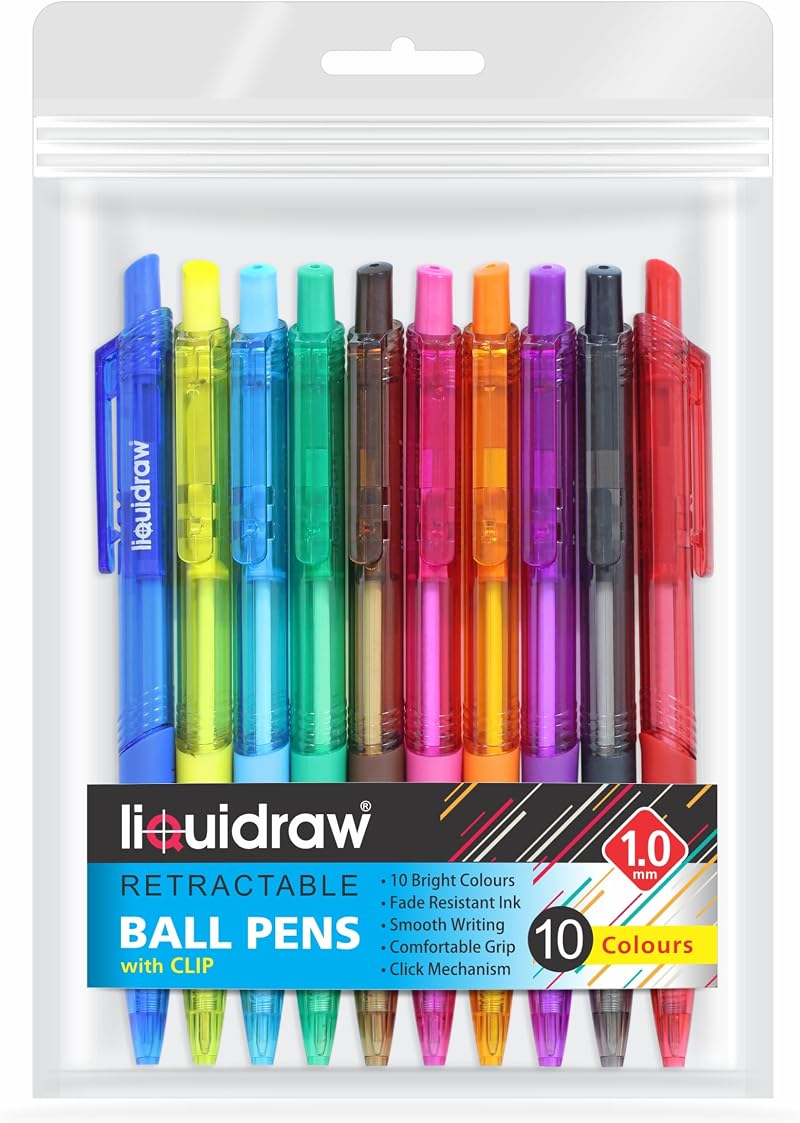 Liquidraw Multicolour Ballpoint Pens Pack of 10 1.0 mm Retractable Click Pens
