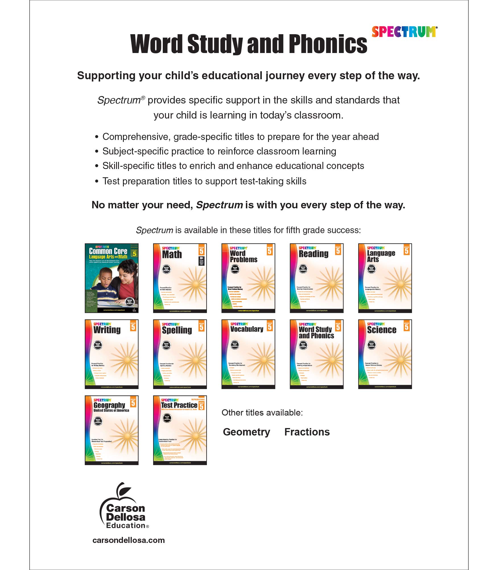 Spectrum Grade 5 Word Study and Phonics Workbooks, Ages 10 to 11, 5th Grade Word Study and Phonics, Word Families, Analogies, Acronyms, Diagraphs, and Vocabulary Builder - 176 Pages