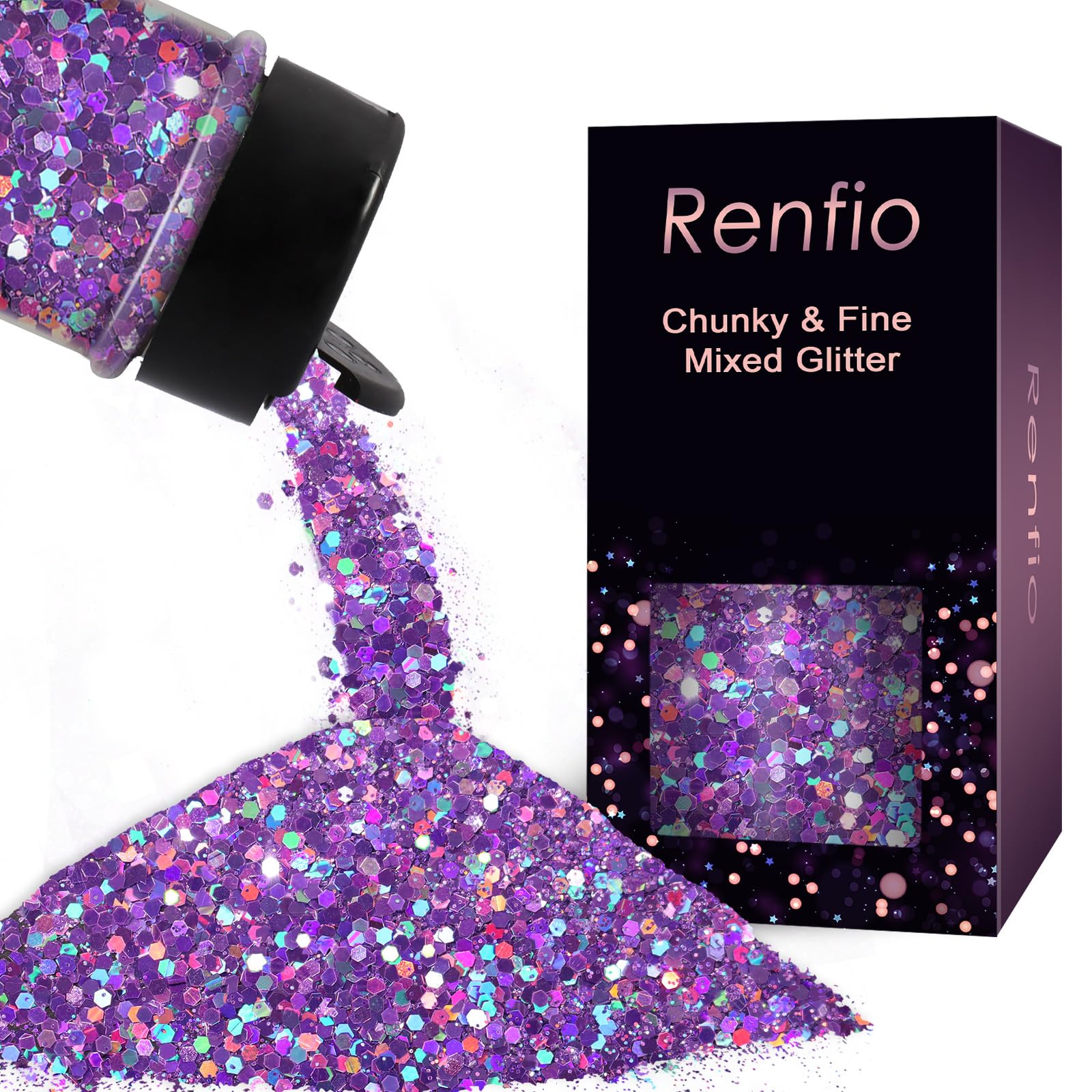 Renfio Glitter Mix - Laser Light Purple, 2.11oz/60g Holographic Fine & Chunky Glitter for Nail Art, Tumblers, Slime & Crafts