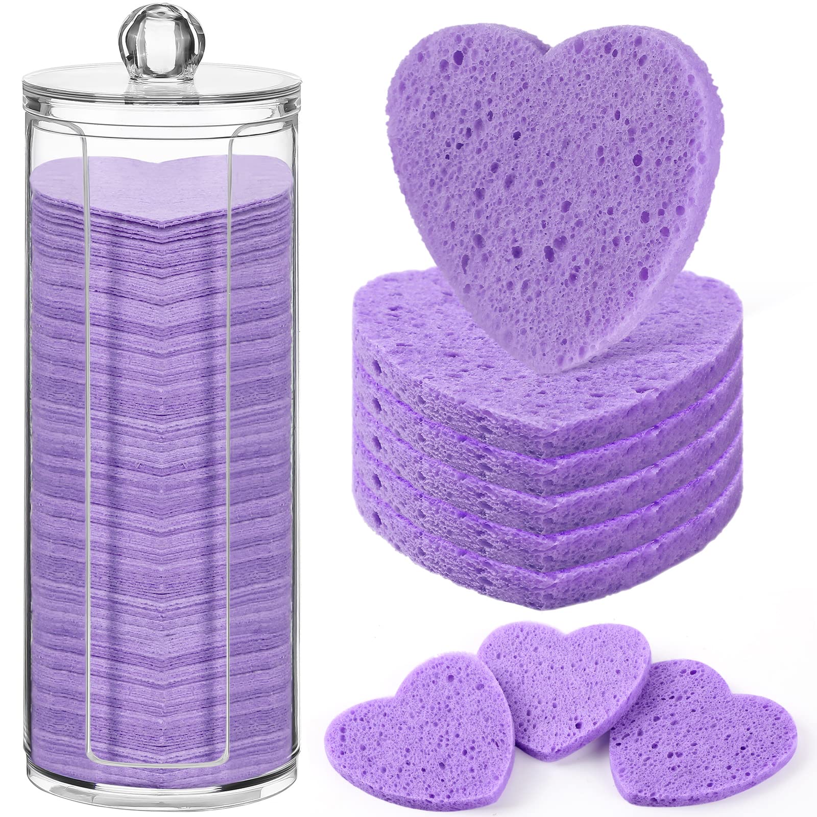 Photo 1 of Sieral 120 Pcs Compressed Facial Sponges with Container Disposable Face Sponge Pads for Washing Face Cleansing Exfoliating Esthetician Makeup Removal(Heart,Purple)