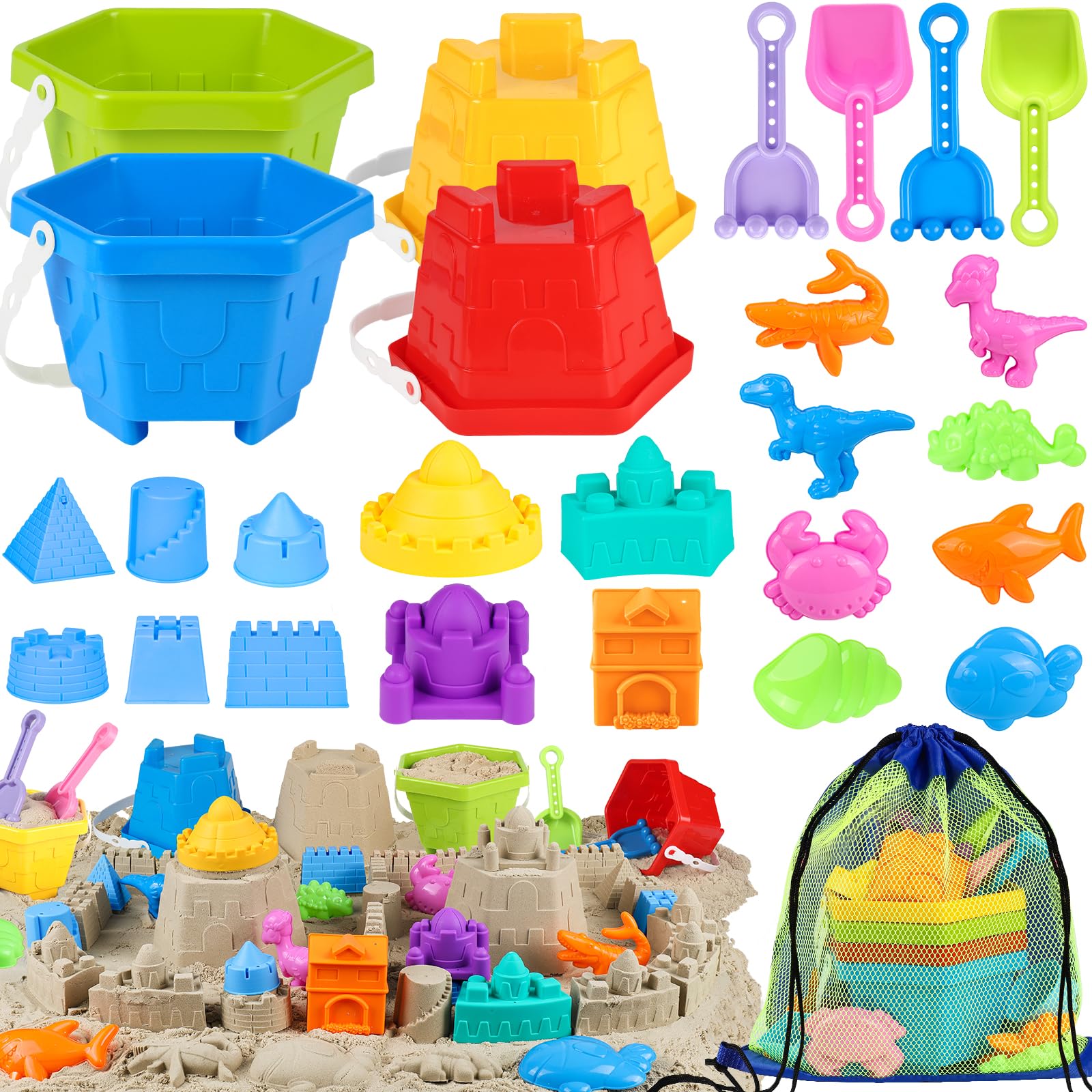 HUUIDY Beach Toys for Kids, Sand Toys with 4 Sand Buckets and Shovels for Kids, Sand Castle Building Kit with Mesh Bag & Molds, Travel Beach Essentials Sandbox Toys for Toddlers Boys Girls Age 4-12