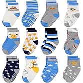 Baby Boy Socks, Non Slip Toddler Socks, 12 Pairs Cotton Grip Socks Crew Socks Grippy Socks for Baby Boy