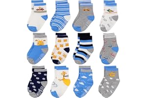 SUPOO Baby Boy Socks, Non Slip Toddler Socks, 12 Pairs Cotton Grip Socks Crew Socks Grippy Socks for Baby Boy
