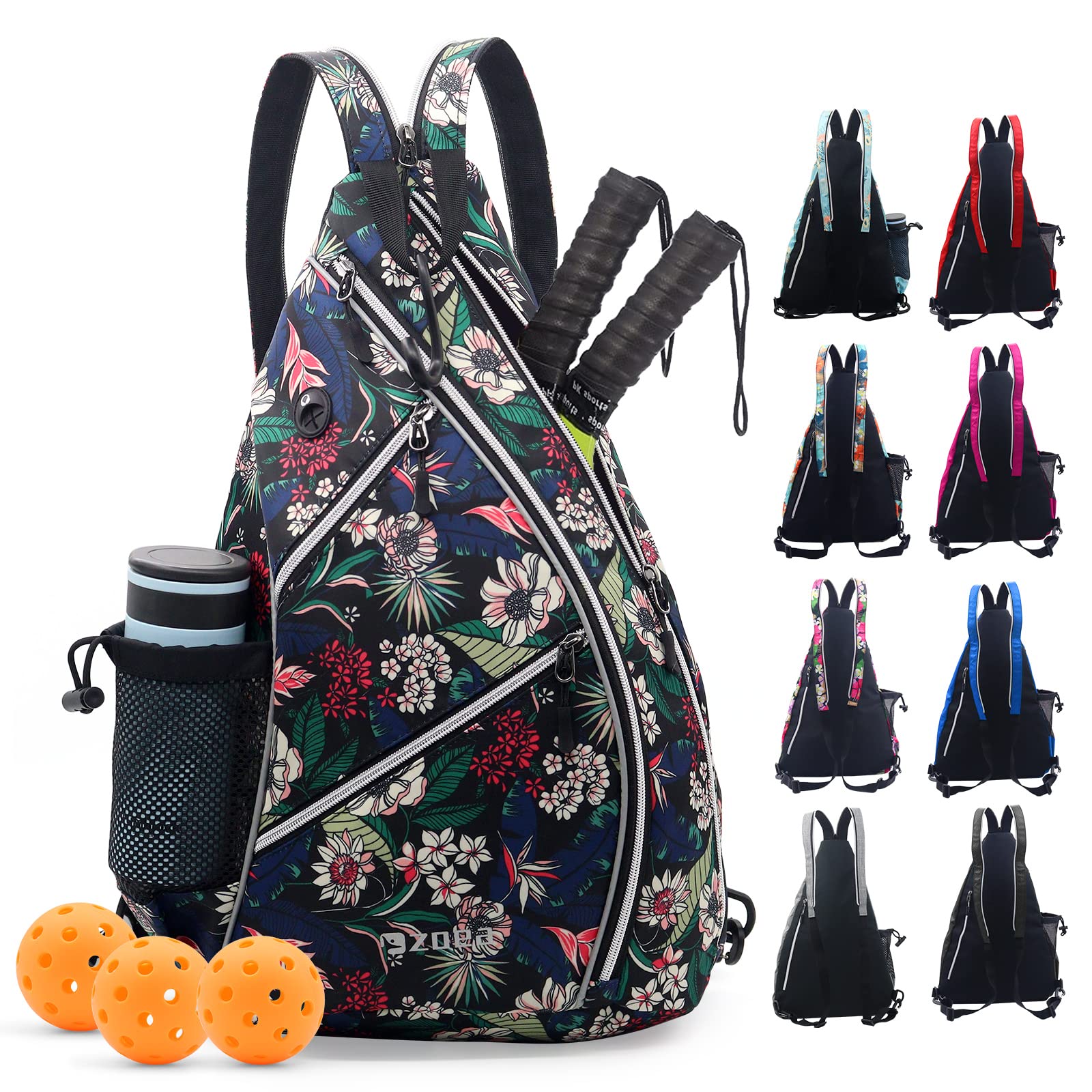 ZOEA Pickleball Bag, Sport Pickleball Sling Bag for Women Man, Adjustable Pickleball Backpack with Fence Hook Water Bottle Holder, Fits 4 Paddles and All Your Other Gear (Flower Black) — image 1