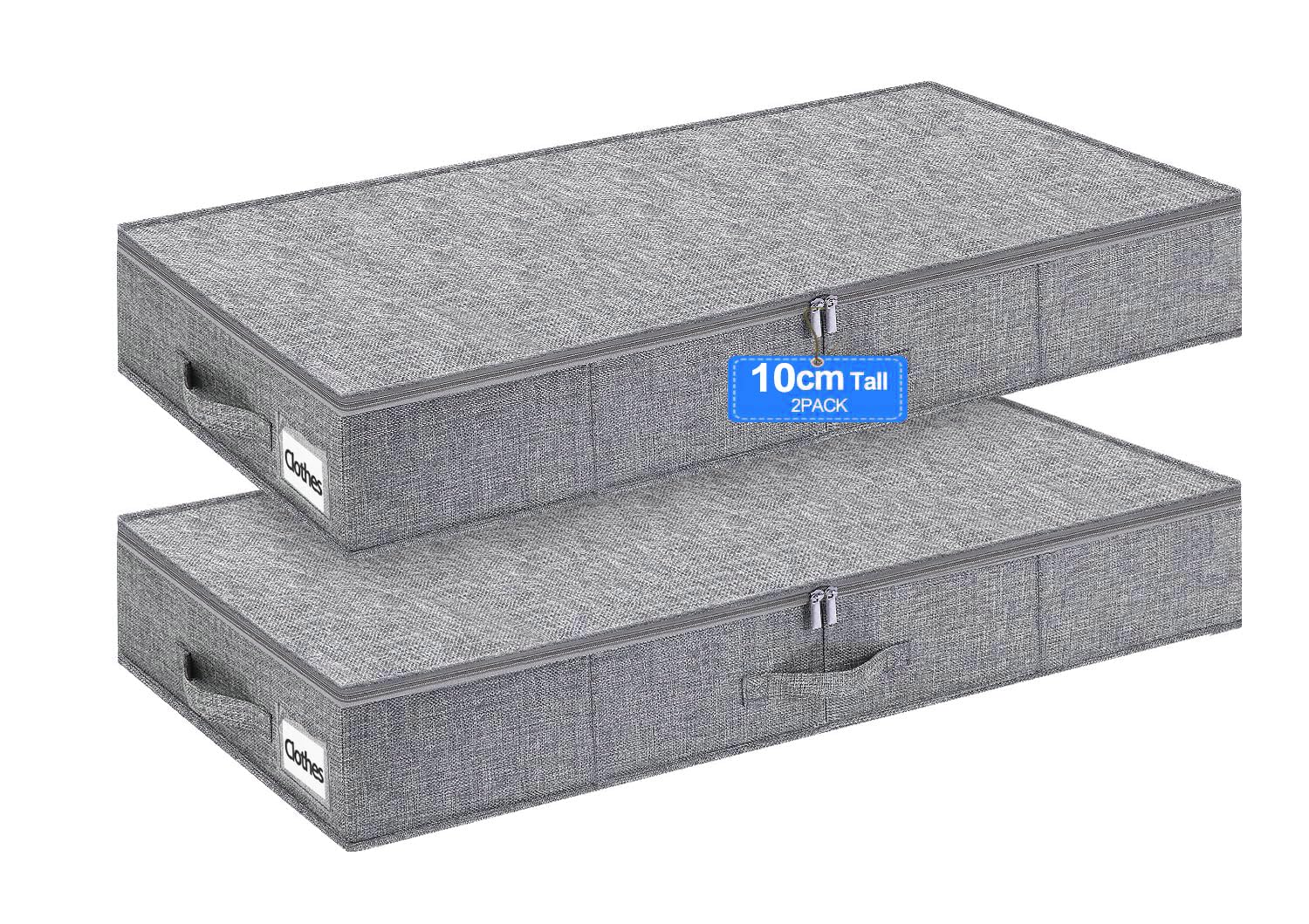 Huquter 10 cm Tall Slim Under Bed & Sofa Storage Box with Zipped Lid, Low Profile Fabric Organiser with Rigid Sides and Base for Clothes, Duvets and Bedding, 2 Pack, Grey