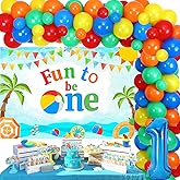 Sursurprise Beach Ball Themed 1st Birthday Party Decorations, Fun to Be One Birthday Decorations Balloon Garland Arch Kit Backdrop for Boys and Girls Summer Beach Pool First Birthday Party Supplies