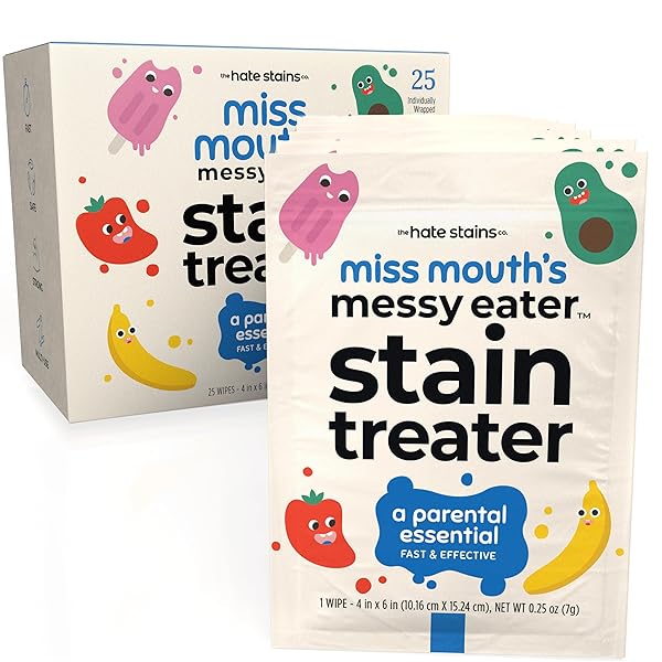 MISS MOUTH’S MESSY EATER STAIN TREATER WIPES – 25 PACK STAIN REMOVER – NEWBORN & BABY ESSENTIALS – NO DRY CLEANING FOOD, GREASE, COFFEE OFF LAUNDRY, UNDERWEAR, FABRIC