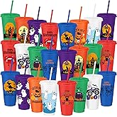 Umigy 24 Pcs Halloween Cups Halloween Plastic Party 24 oz Reusable Cups with Lids and Straws in 6 Colors Different Themes Plastic Tumblers for Party Decor Supplies(Stylish Style)