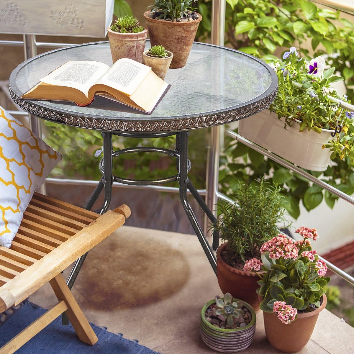 TANGKULA 32" Patio Table Outdoor Round Wicker Covered Edge with Tempered Glass Top and Umbrella Insert Coffee Dining Tabel Patio Furniture for Lawn Garden Pool Steel Frame Commercial Party Table: Kitchen & Dining