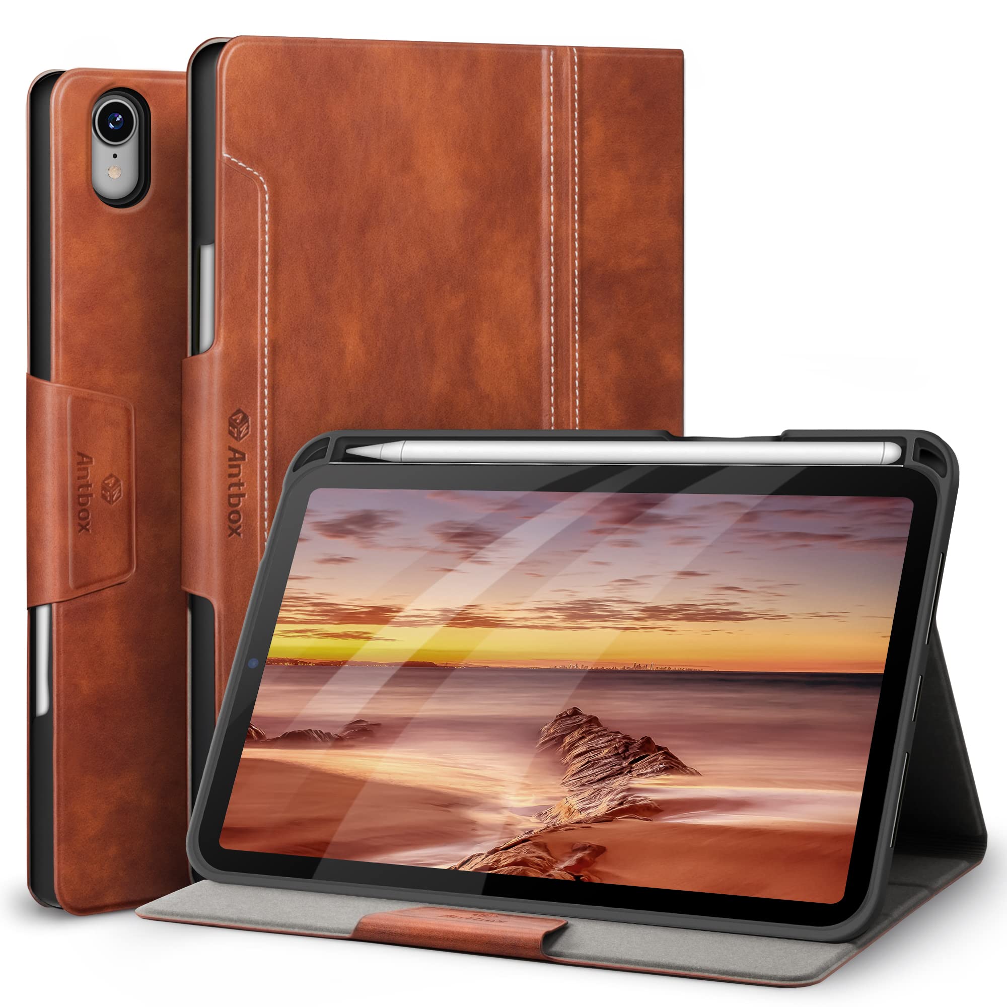 Antbox Case for iPad Mini 7 (A17 Pro), iPad Mini 7th/6th Generation (2024/2021) 8.3 inch with Pencil Holder Vegan Leather Smart Cover with Auto Sleep/Wake Stand Function (Brown)