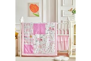 UOZZI BEDDING Patchwork Crib Bedding Set Rainbow Plaid Floral Design 3 Pieces Baby Girl Cute Quilted Comforter with Fitted Sheet and Bed Skirt - Pink Flower Green Leaes Colorful Rainbow Dots Style Crib Bed Set