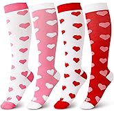Glitopper 4 Pair Valentine Sock for Women Knee High Sock Long Heart Print Compression Stocking Gift for Valentines Day