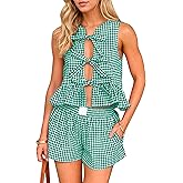 Ardrem Women Y2k Gingham Two Piece Sets Tie Front Plaid Tank Top and Wide Leg Shorts Pajama Set Vacation Outfits with Pockets