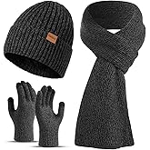 floconssy Men's Scarf Hats Gloves Sets Winter Gifts, 3 PCS Fleece Lined Beanie Warm Long Scarves for Cold Weather Christmas