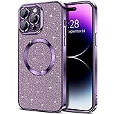 Hython for iPhone 14 Pro Max Case Glitter, Clear Magnetic Phone Cases with Camera Lens Protector [Compatible with MagSafe] Bling Sparkle Plating Soft TPU Slim Shockproof Protective Cover Women-Purple
