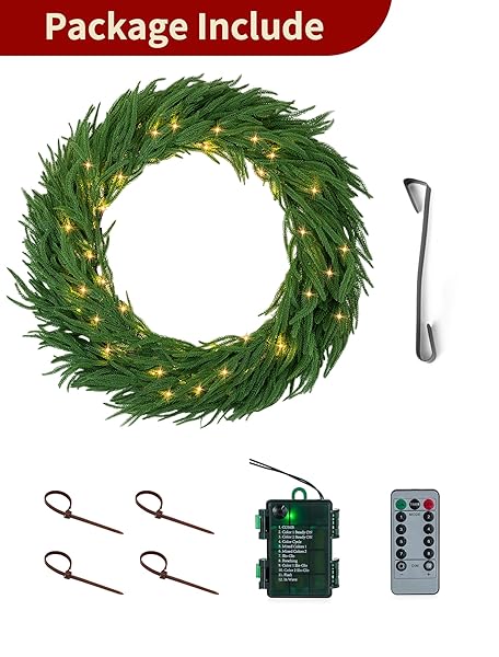 NUPTIO LARGE CHRISTMAS WREATH WITH LIGHTS: 36 INCH PRELIT REAL TOUCH NORFOLK PINE WREATHS WITH HOOK FOR OUTDOOR FRONT DOOR – REALISTIC XMAS DECORATIONS 100 LED 8-MODE WITH REMOTE TIMER FOR HOLIDAY