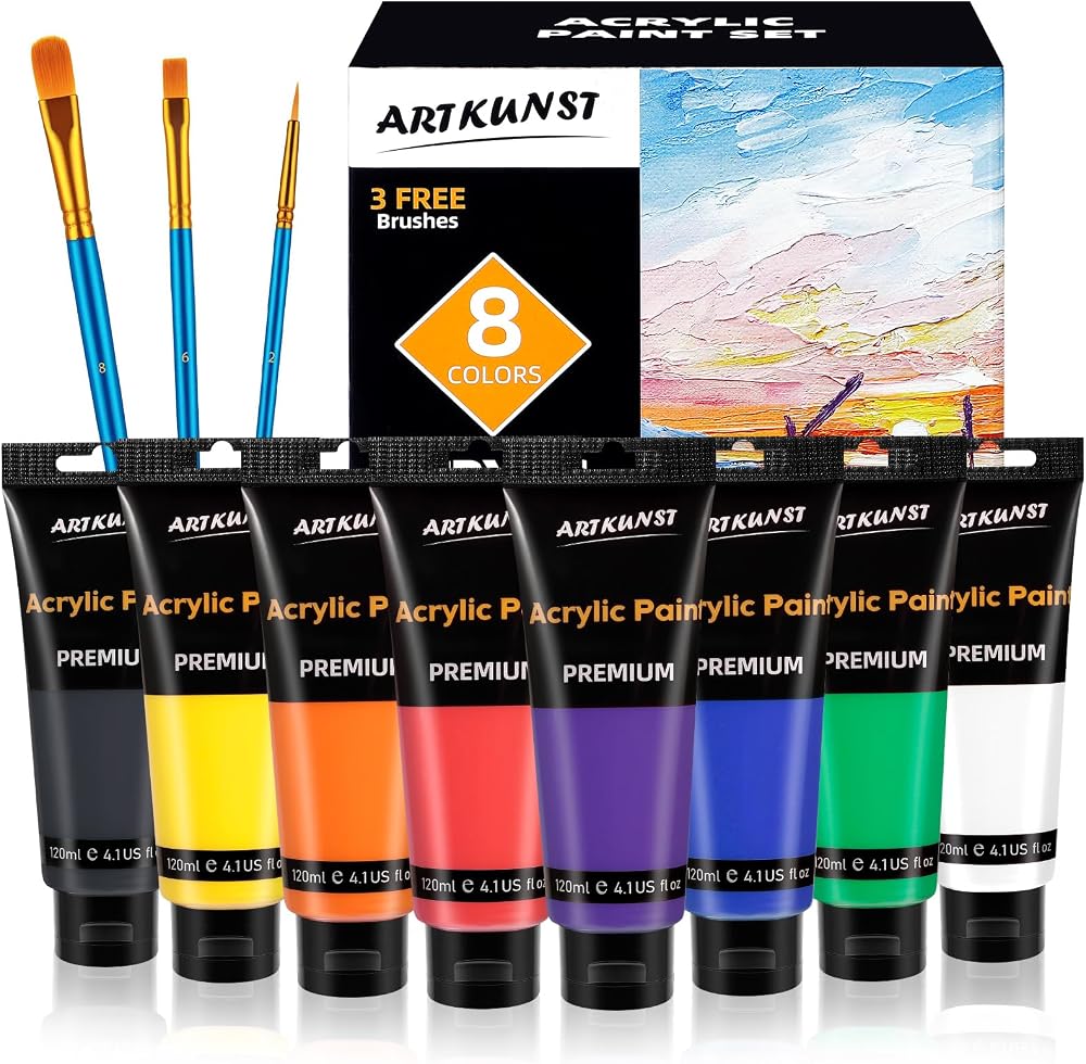 ARTKUNST 8 Color Acrylic Paint Set 4oz Each with 3 Brushes Non Toxic