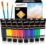 ARTKUNST 8 Color Acrylic Paint Set 4oz Each with 3 Brushes Non Toxic