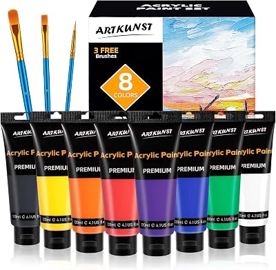 ARTKUNST 8 Color Acrylic Paint Set 4oz Each with 3 Brushes Non Toxic