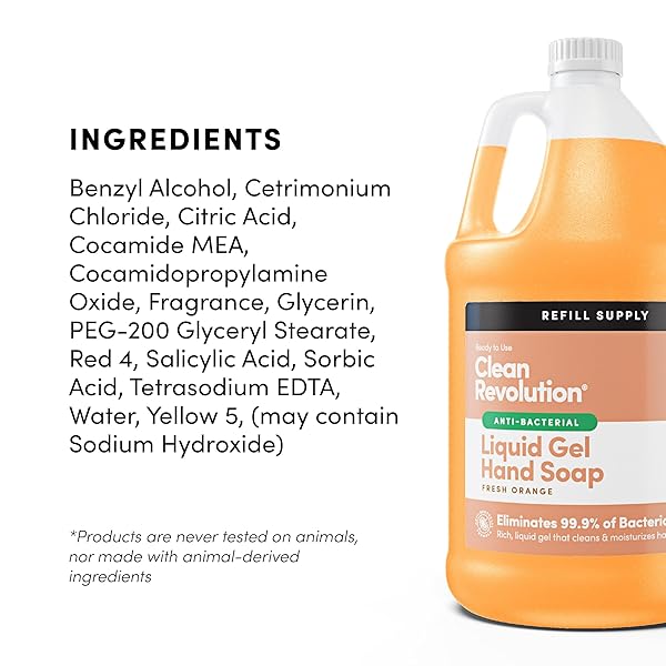CLEAN REVOLUTION ANTIBACTERIAL LIQUID GEL HAND SOAP REFILL, 128 FL OZ, FRESH ORANGE SCENTED – MADE IN USA