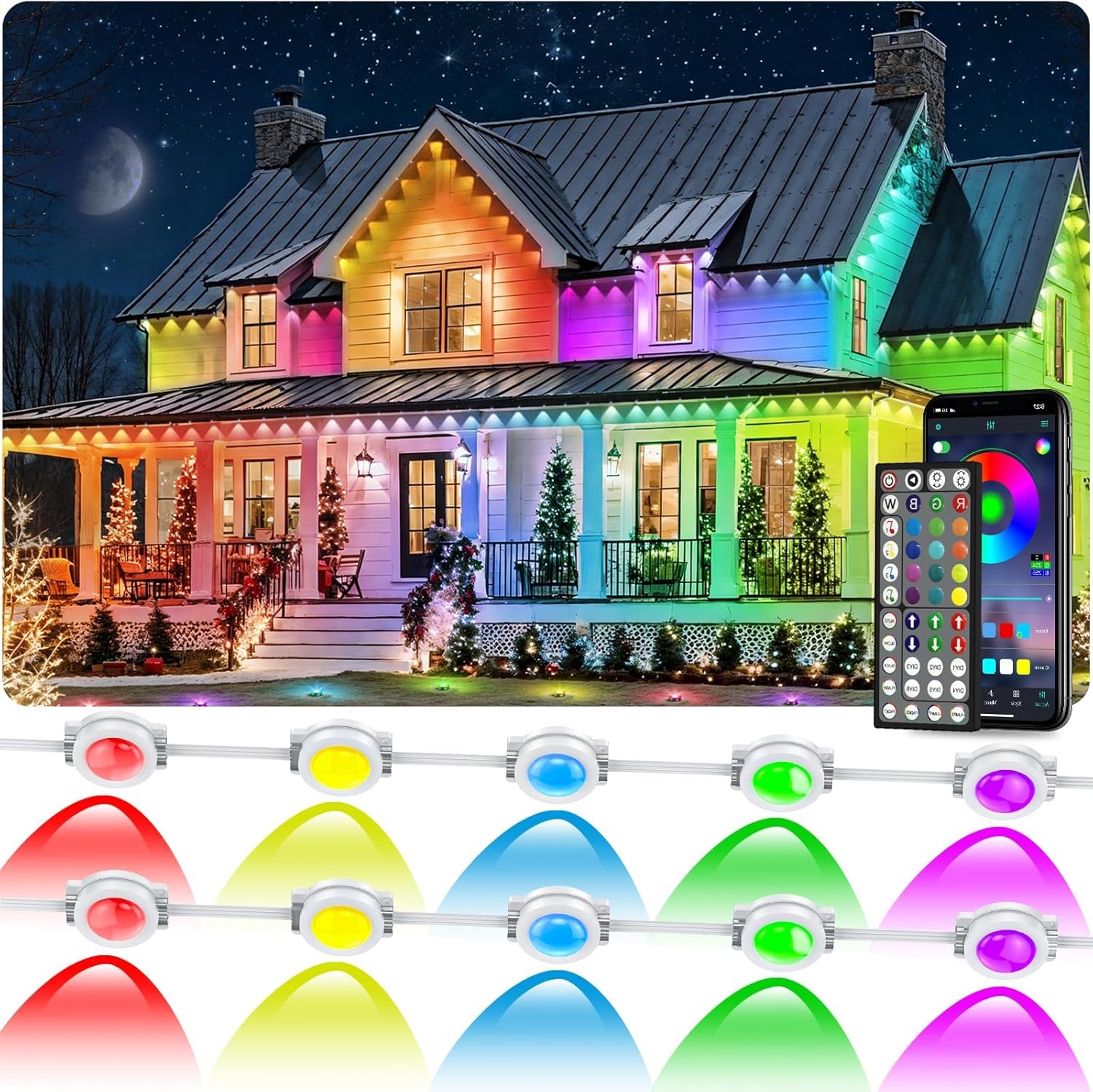 Photo 1 of CETELUMA 300FT/90M Permanent Outdoor RGB Lights, IP67 Waterproof Smart Eave Lighting, with App/Remote Control Eaves Light, DIY LED Scenes Modes for House Roof Decor,Party