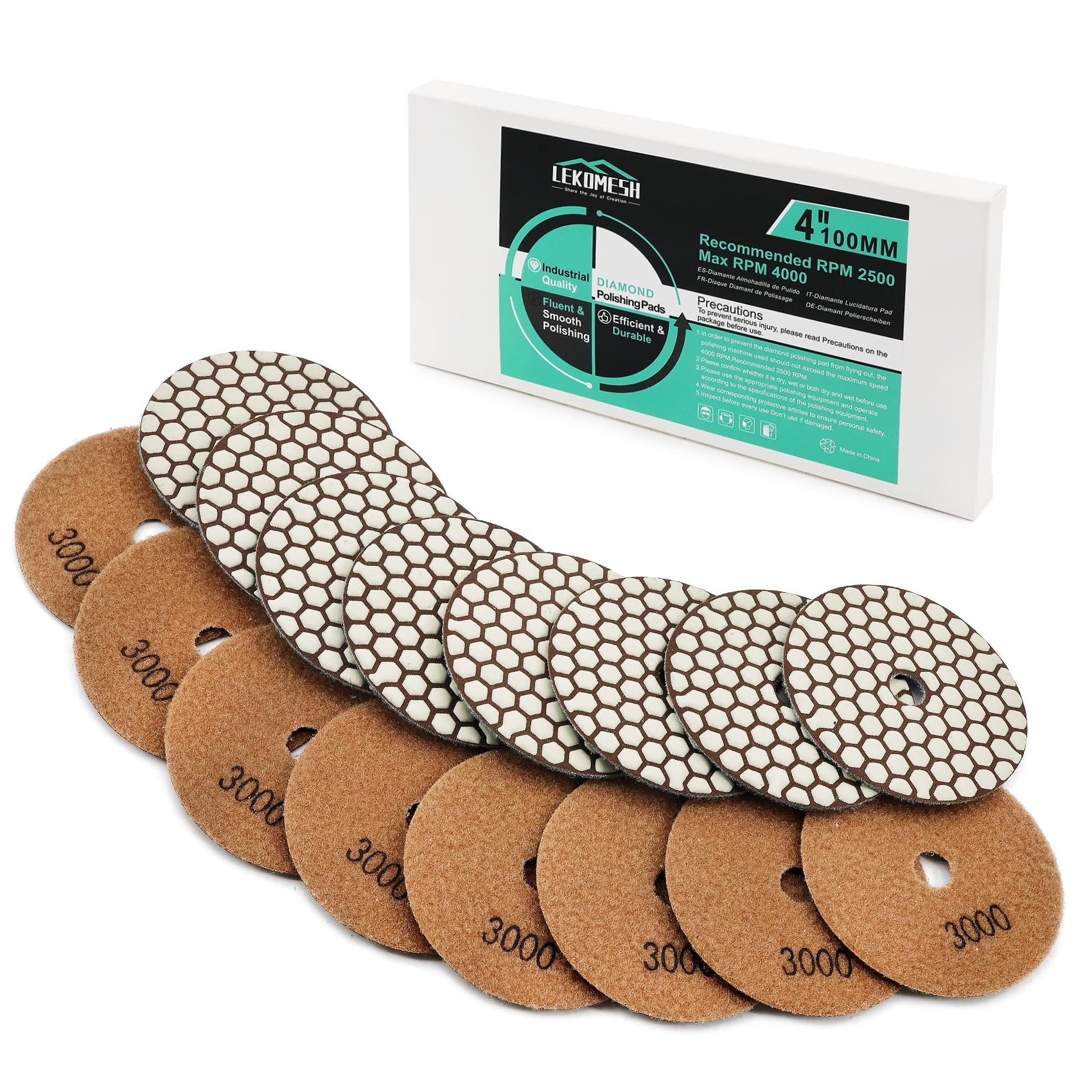 Diamond Dry Polishing Pad LEKOMESH - 8pcs 4 Inch(100MM) #3000 Dry Polishing Wheel Set for Granite Marble Artificial Stone Quartz,Polishing Pad for Grinder or Polisher