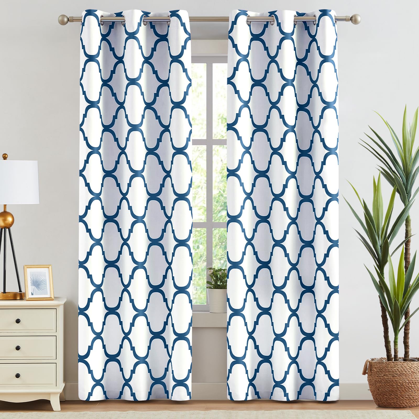 Melodieux Moroccan Fashion Thermal Insulated Room Darkening Blackout Grommet Curtains for Living Room, 42 by 84 Inch, Off White/Royal Blue (2 Panels)