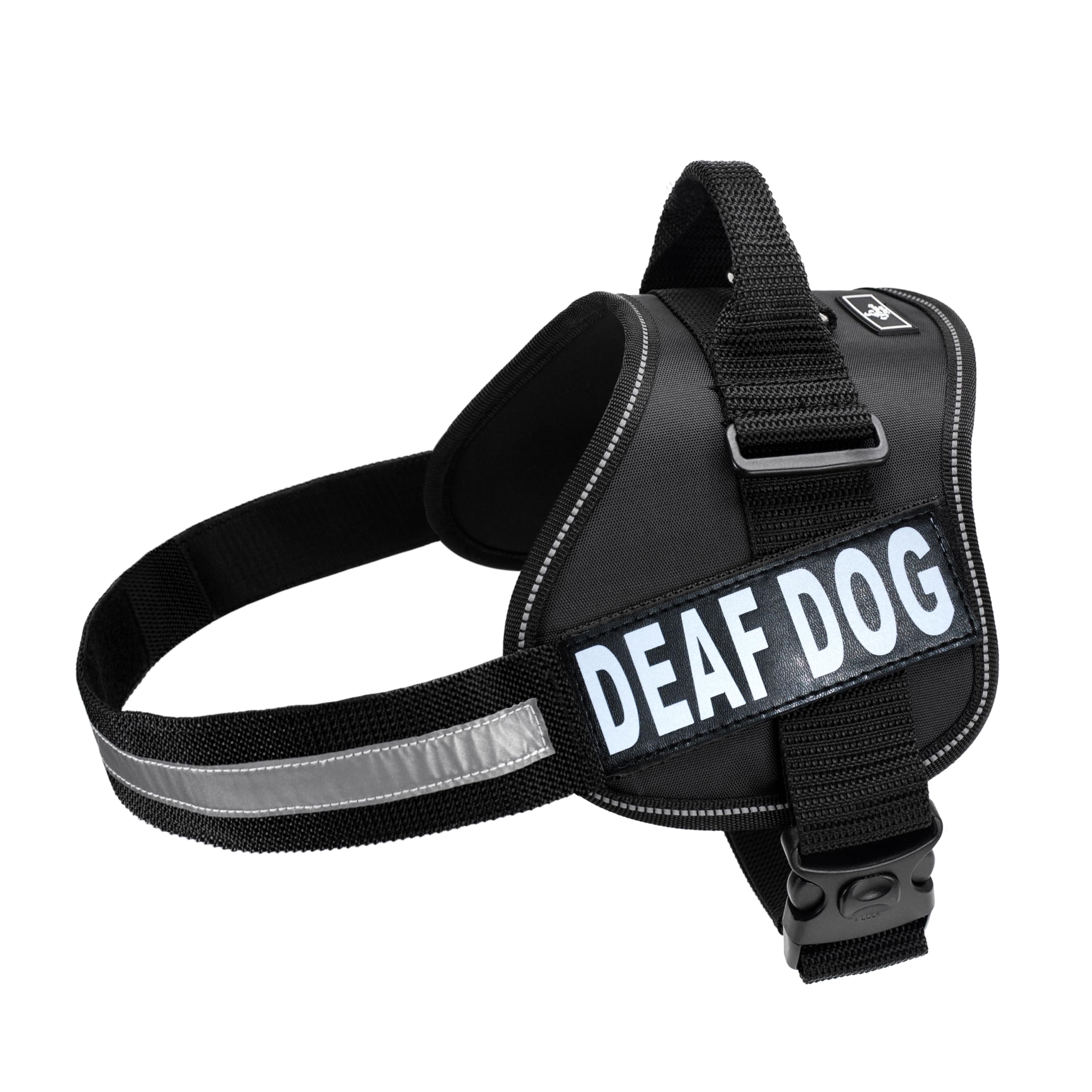 Doggie Stylz Dog Harness with Removable Patches and Reflective Trim. Dog Vest Comes with 2 Deaf Dog Reflective Hook and Loop Patches. Measure Dogs Girth Before Purchase (Girth 14" - 18" Black)