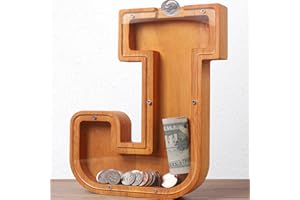 HODNSZRIT Wooden Letter Piggy Bank for Kids Boys Girls Large 26 Alphabet Money Bank Personalized Custom Name Transparent Saving Coin Bank, Perfect Christmas,Birthday Gift for kids Adults and Home Decoration (J)
