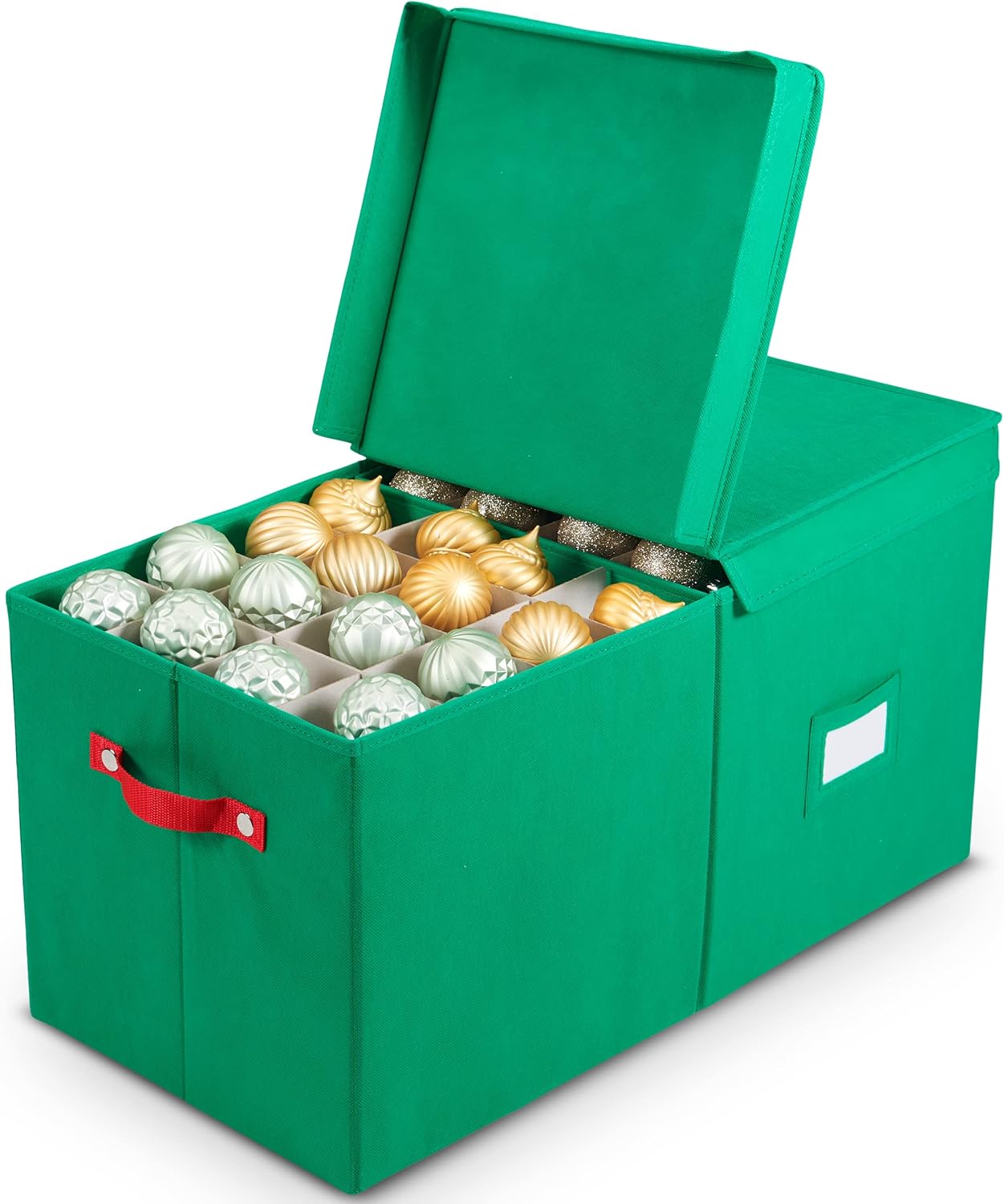 Holiday Décor Storage - Pakkon Christmas , Storage Box - 24x12x12 Inch Container for Up to 3-Inch Ornaments and Decoration w/ Organizer Dividers - Holds up to 128 Ornaments - Green