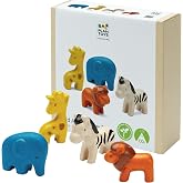 PlanToys&reg; Wild Animals Wooden Montessori Safari Set for Kids Creative Play | 4-piece wild animals, wooden safari figurines, montessori imaginative play, language social skill, open-ended learning, kids
