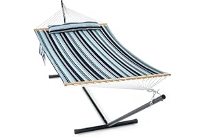 GAFETE 2 Person Hammock with Stand for Outside, 12ft Heavy Duty Steel Stand, Double Quilted Hammocks, Extra Large Removable Pillow, Side Pockets, Outdoor & Indoor, Max 475 lbs Capacity (Misty Beach)